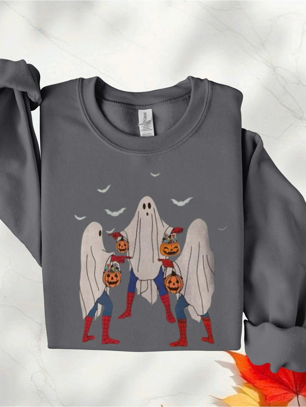 Gildan Charcoal Halloween Ghosts & Pumpkin Bucket Sweatshirt